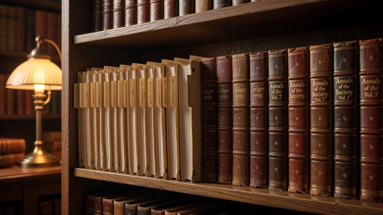 Archivo histórico con carpetas y documentos encuadernados