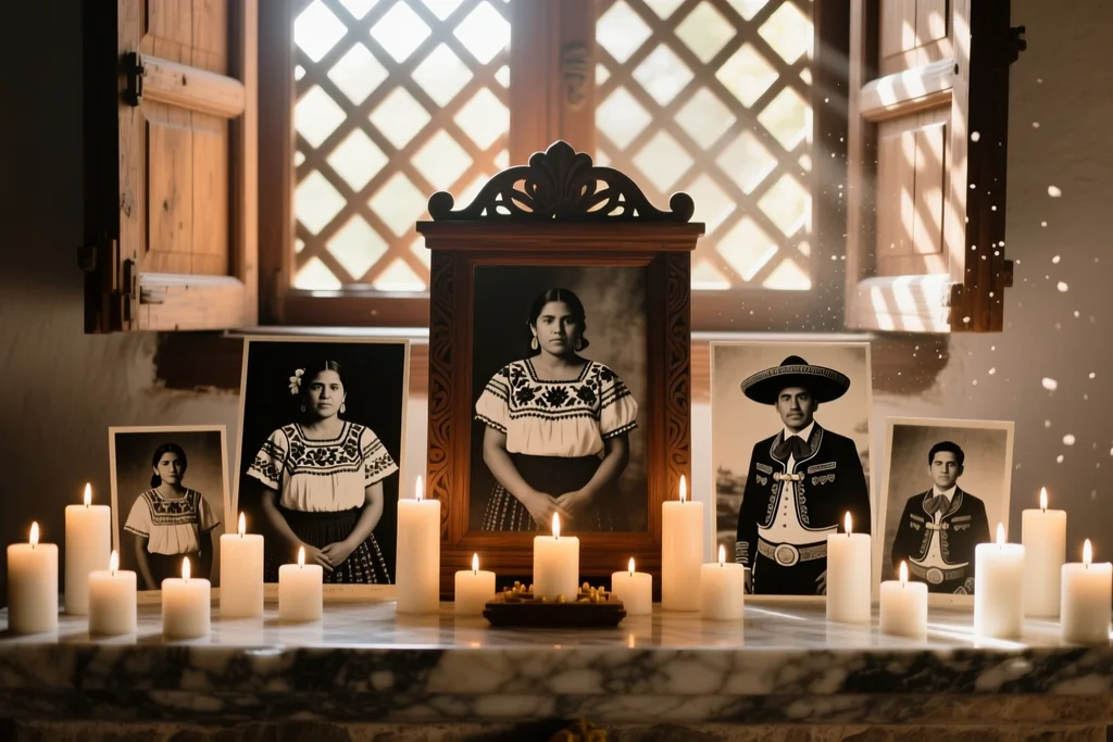 Familia reunida junto a una ofrenda tradicional
