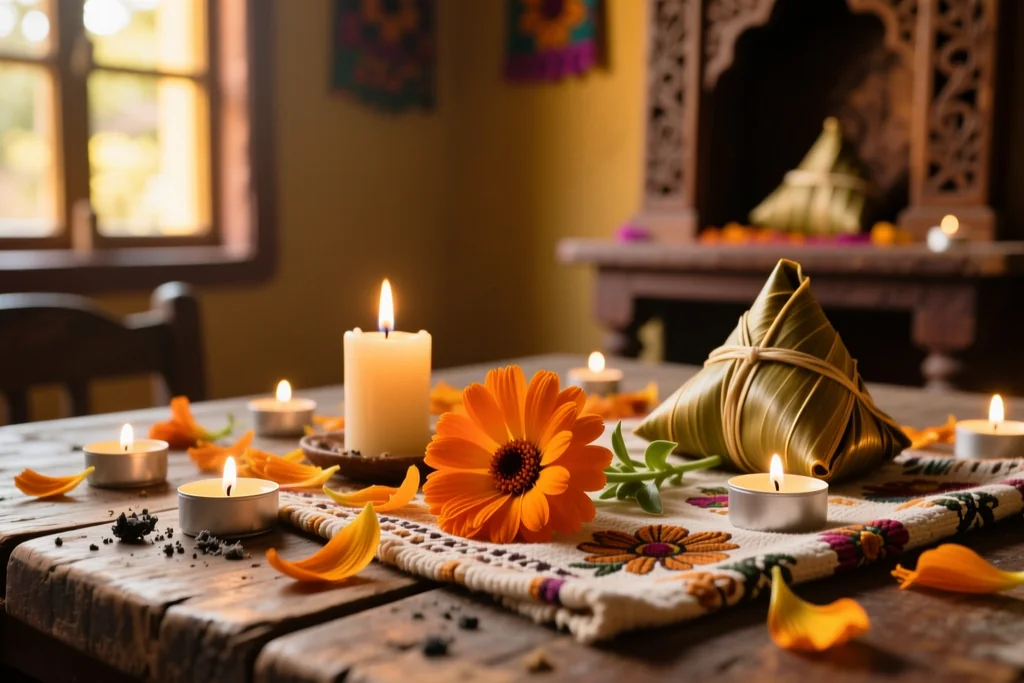 Ofrenda tradicional con flores y velas encendidas