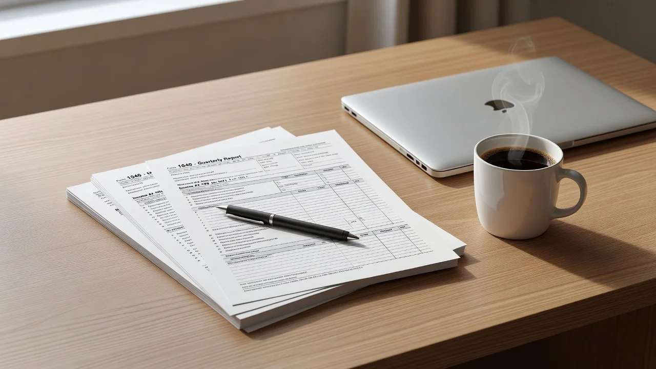 Escritorio ordenado con documentos, laptop y taza de café