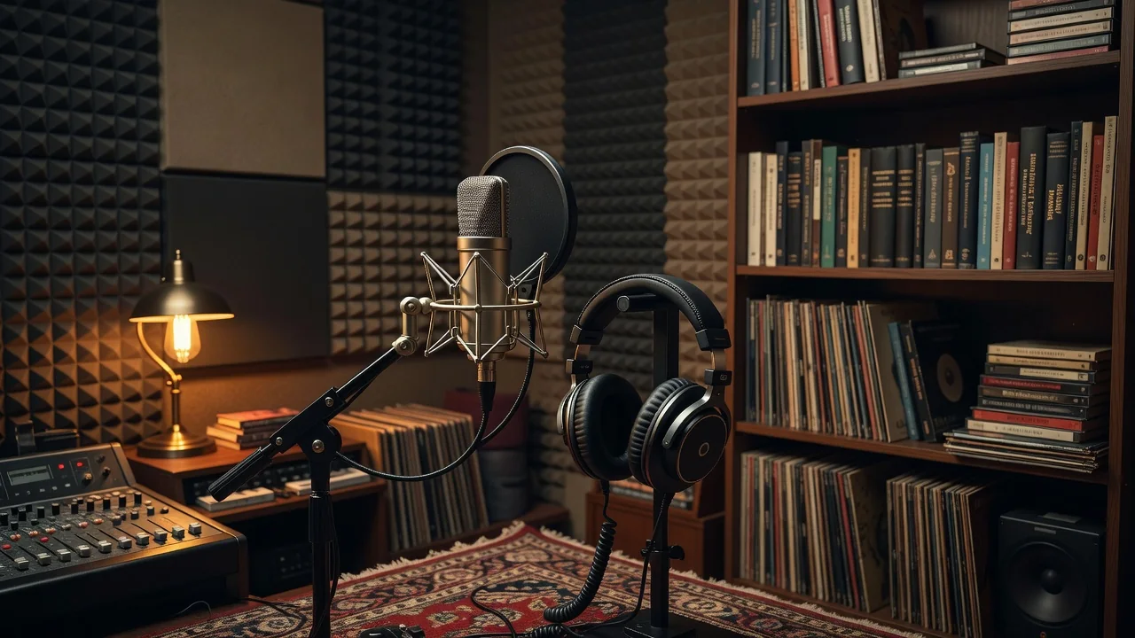 Estudio de grabación con micrófono y librero al fondo