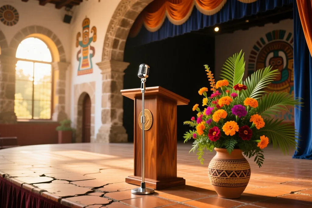 Atril con micrófono y un arreglo floral sobre el escenario