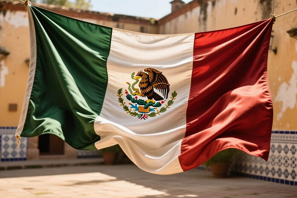 Bandera de México ondeando sobre una plaza cívica