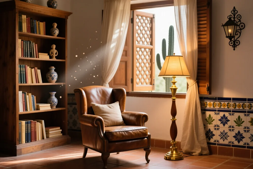 Rincón de lectura con sillón, lámpara y estantería de libros