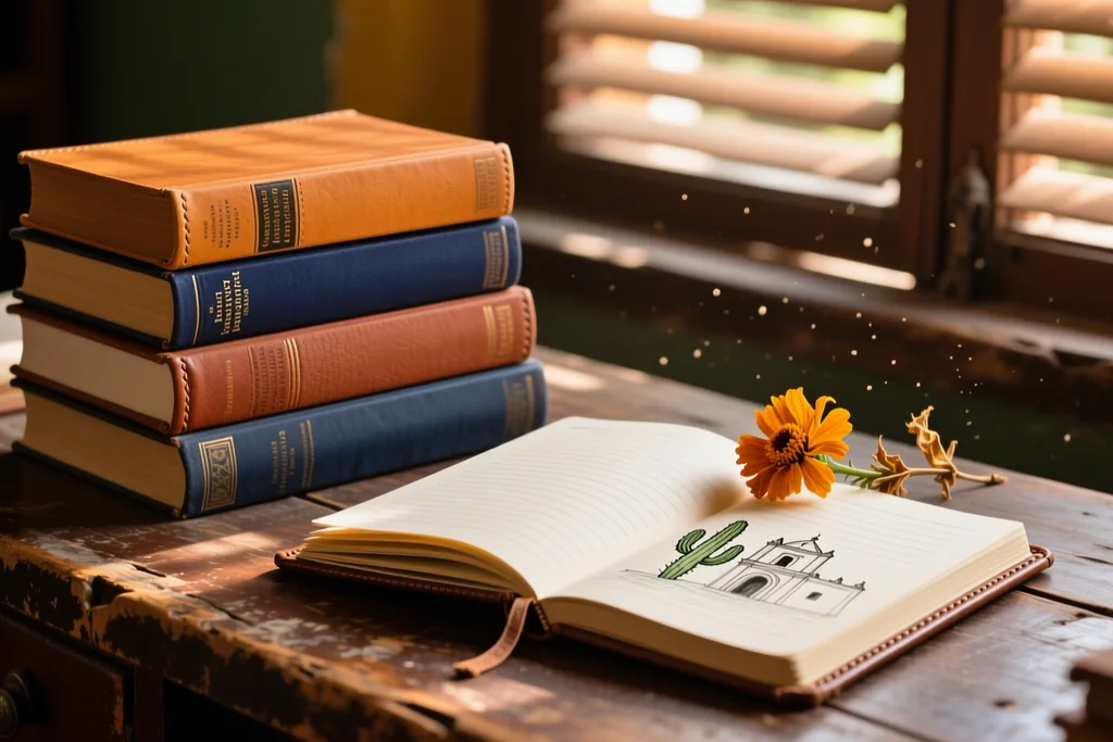 Libros de tapa dura y un cuaderno sobre un escritorio de madera